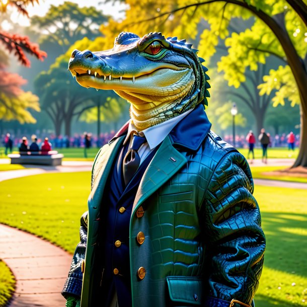 Foto de um jacaré em um casaco no parque