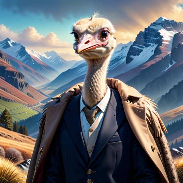 Illustration of a ostrich in a coat in the mountains