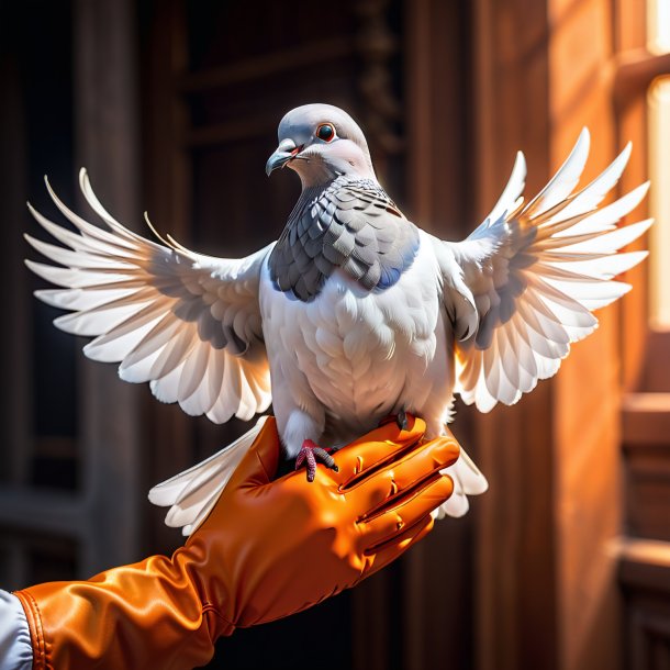 Pic d'une colombe dans un gants orange