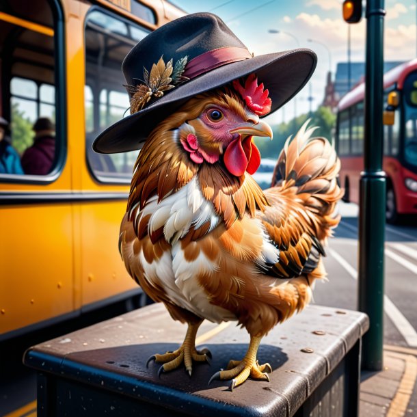 Photo of a hen in a hat on the bus stop