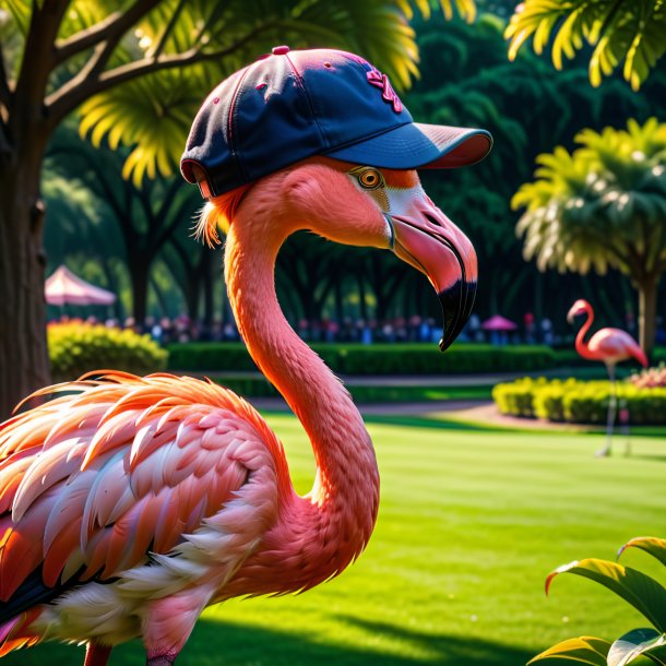 Foto de um flamingo em um boné no parque