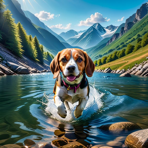 Image of a swimming of a beagle in the mountains