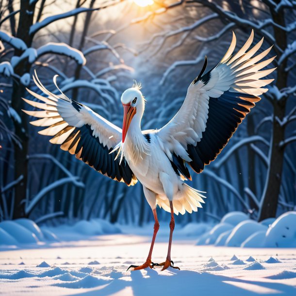 Photo of a threatening of a stork in the snow