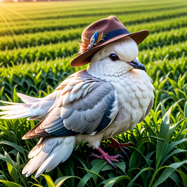 Foto de uma pomba em um chapéu no campo