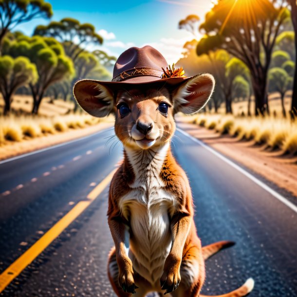 Foto de um canguru em um chapéu na estrada