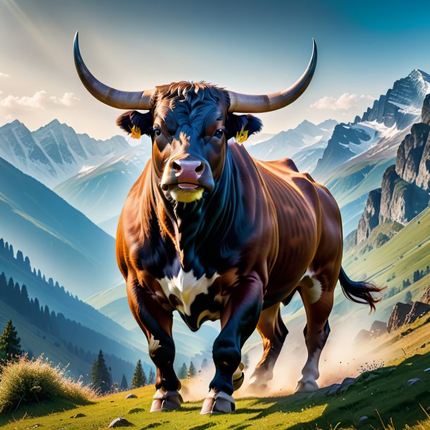 Photo of a dancing of a bull in the mountains