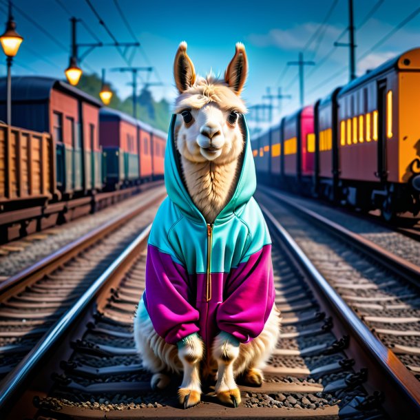 Photo of a llama in a hoodie on the railway tracks