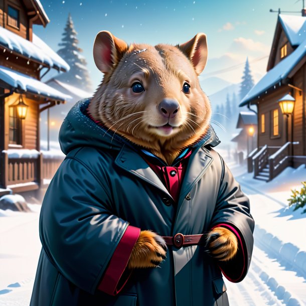 Ilustração de um wombat em um casaco na neve