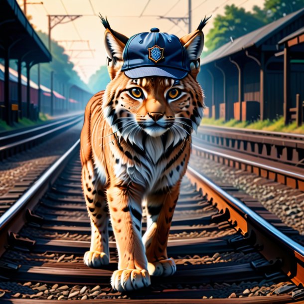 Drawing of a lynx in a cap on the railway tracks