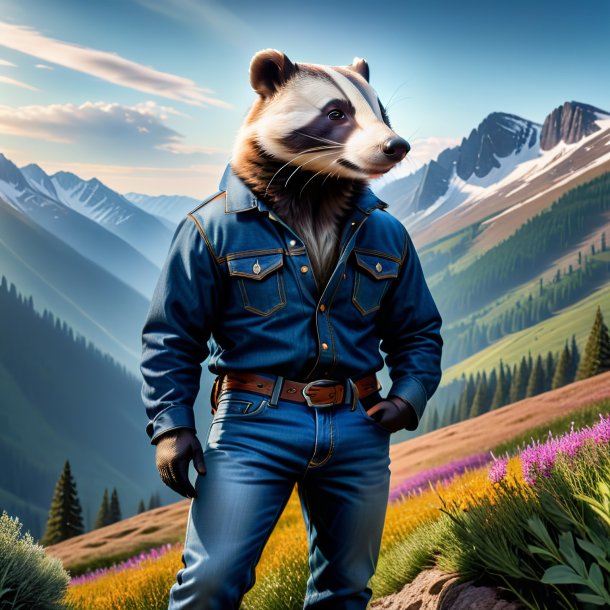 Photo of a badger in a jeans in the mountains