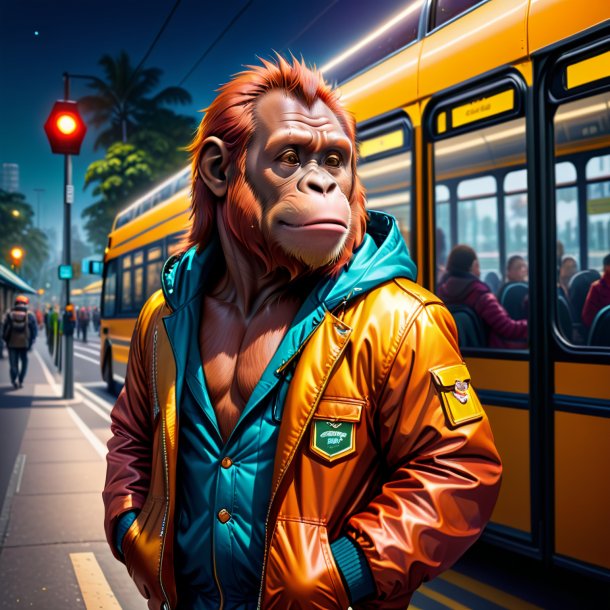 Illustration of a orangutan in a jacket on the bus stop