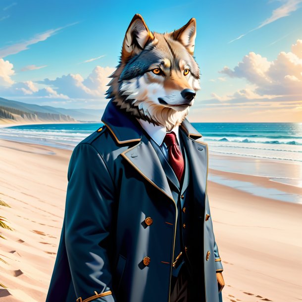 Ilustración de un lobo en un abrigo en la playa