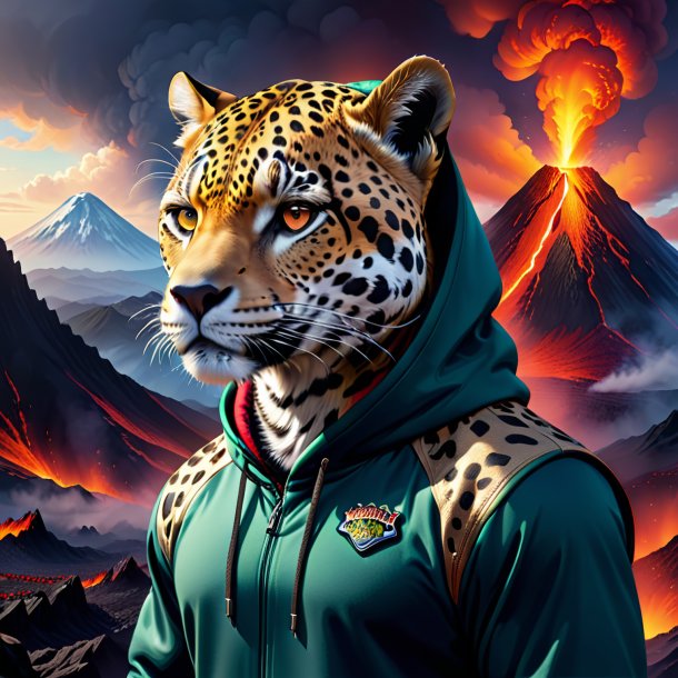 Desenho de um jaguar em um hoodie no vulcão