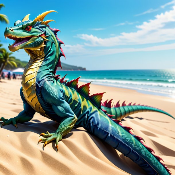 Imagen de un basilisk en jeans en la playa