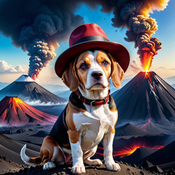 Pic of a beagle in a hat in the volcano