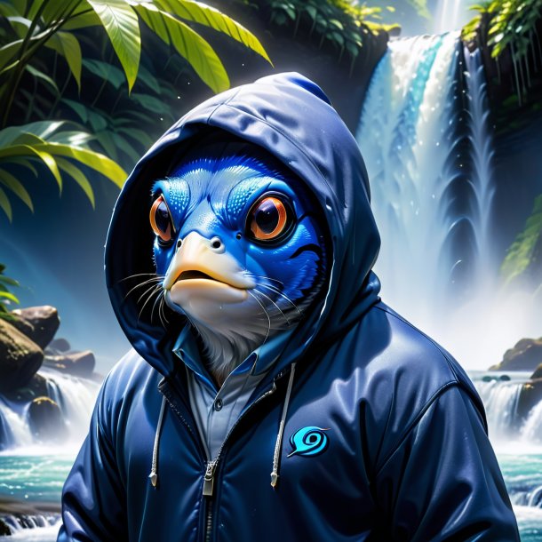 Pic de um tang azul em um hoodie na cachoeira