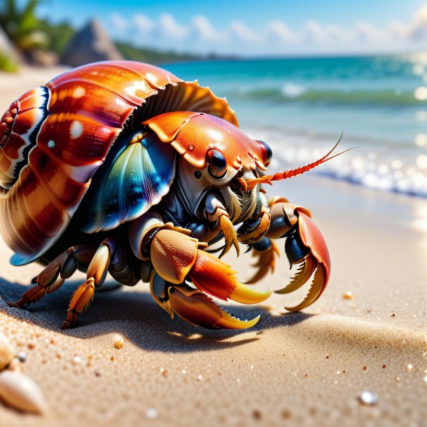 Retrato de um jogo de um caranguejo eremita na praia