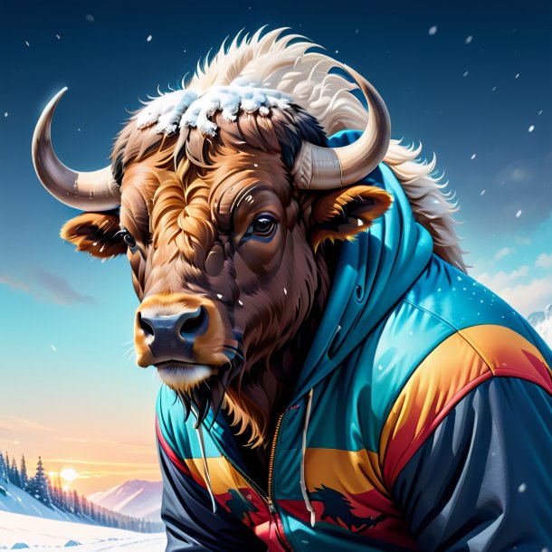 Illustration of a buffalo in a hoodie in the snow