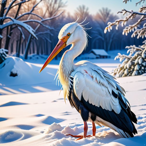 Foto de un descanso de una cigüeña en la nieve