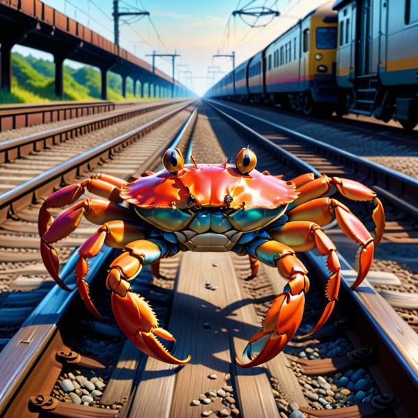 Drawing of a crab in a trousers on the railway tracks