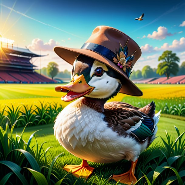 Drawing of a duck in a hat on the field