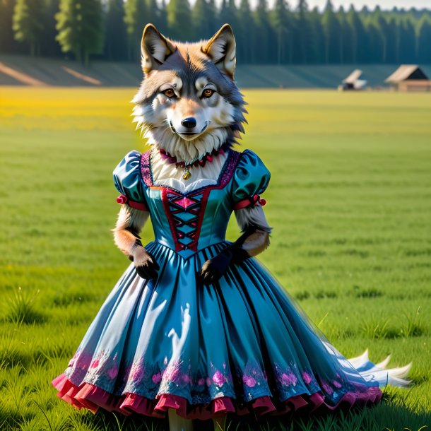 Foto de un lobo en un vestido en el campo