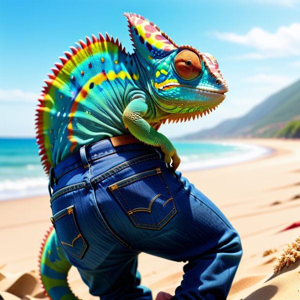 Foto de um camaleão em um jeans na praia