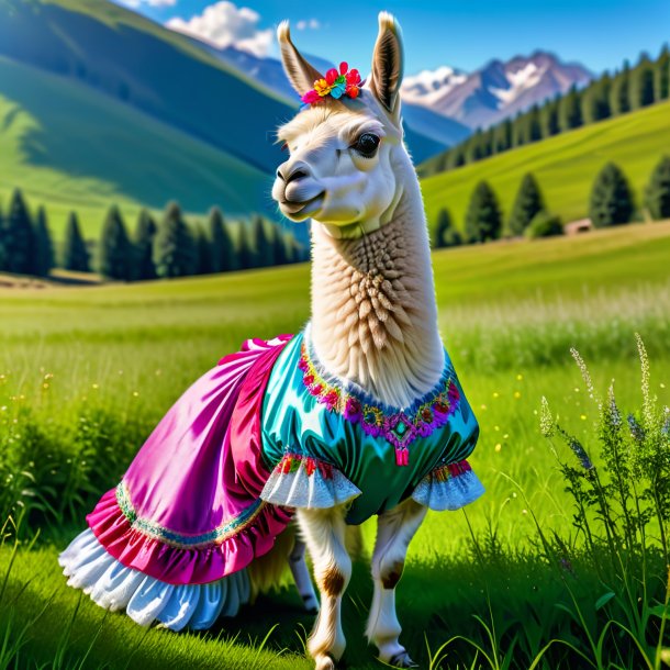 Image of a llama in a dress in the meadow