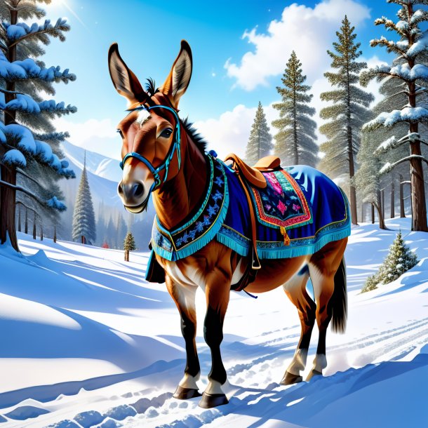 Illustration of a mule in a dress in the snow