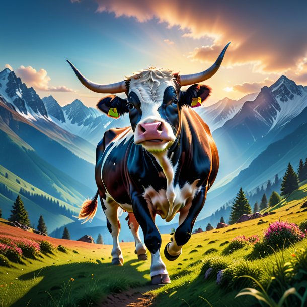 Image d'une danse d'une vache dans les montagnes