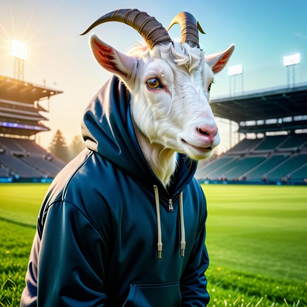 Foto de una cabra en una sudadera con capucha en el campo