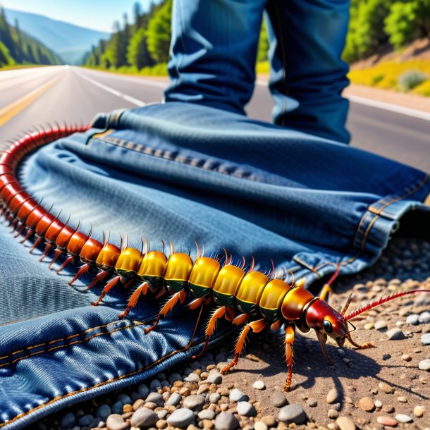 Foto de un ciempiés en jeans en el camino