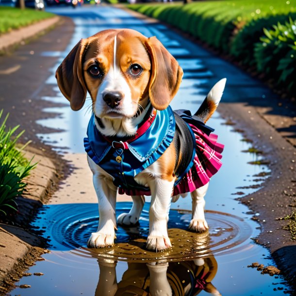 Pic of a beagle in a skirt in the puddle