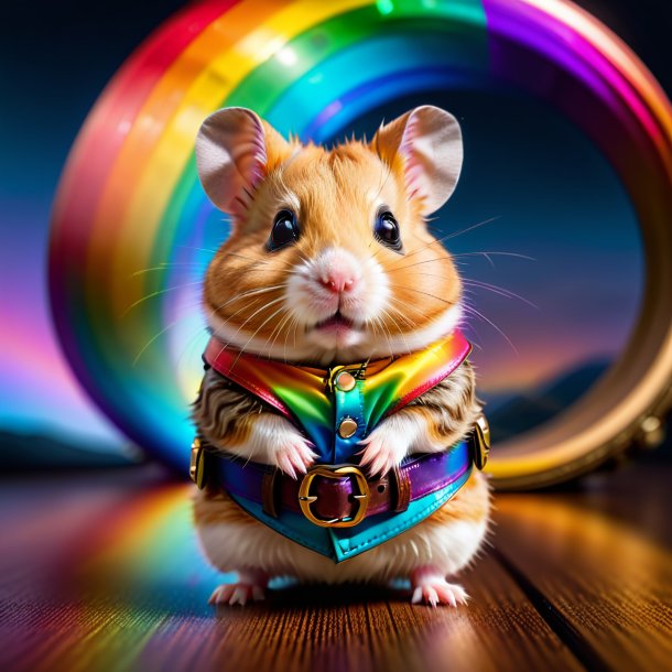 Imagem de um hamster em um cinto no arco-íris