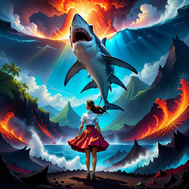 Illustration of a hammerhead shark in a skirt in the volcano