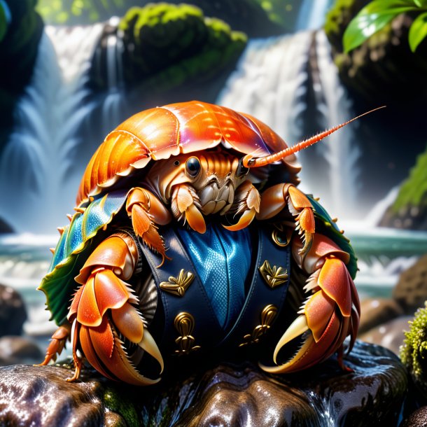 Image of a hermit crab in a vest in the waterfall