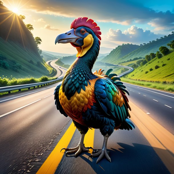 Illustration of a dodo in a belt on the highway