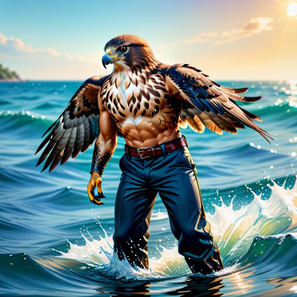 Illustration of a hawk in a trousers in the water