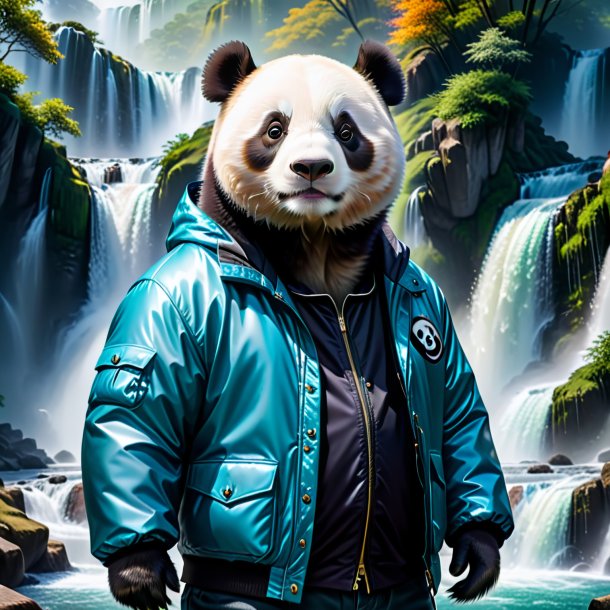 Image of a giant panda in a jacket in the waterfall