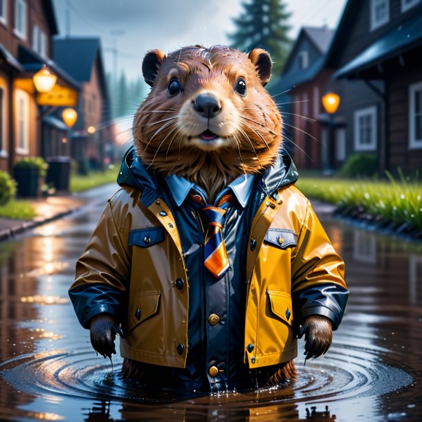 Image of a beaver in a jacket in the puddle