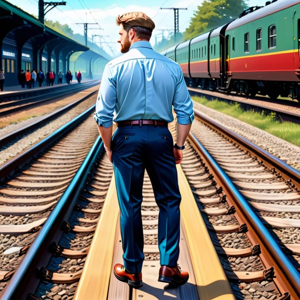 Drawing of a haddock in a trousers on the railway tracks