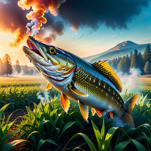 Photo of a smoking of a pike on the field