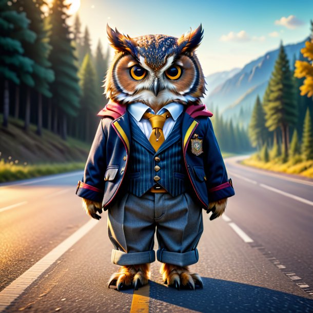 Image of a owl in a trousers on the road