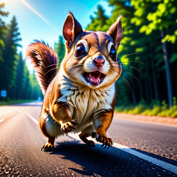 Image of a threatening of a flying squirrel on the road