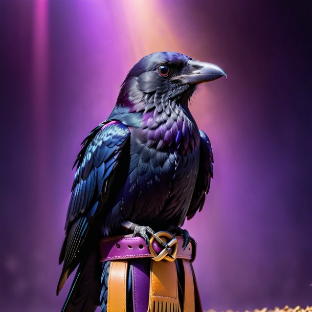 Photo of a crow in a purple belt