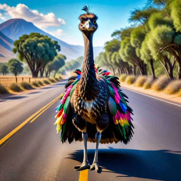 Picture of a emu in a dress on the road