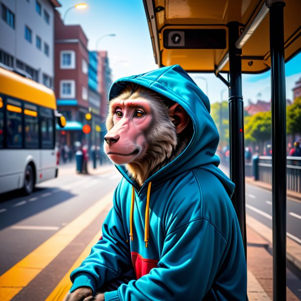 Foto de um babuíno em um hoodie no ponto de ônibus