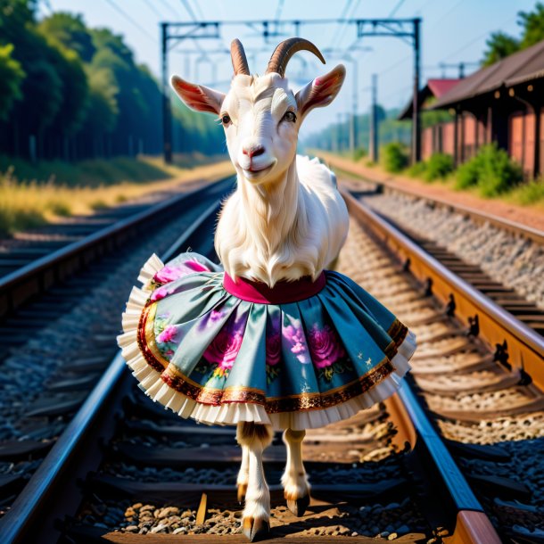 Foto de una cabra en una falda sobre las vías del tren