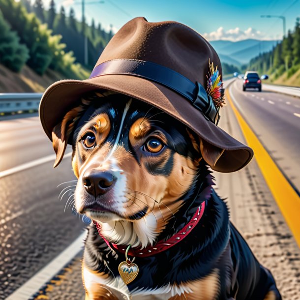 Foto de um cão em um chapéu na estrada