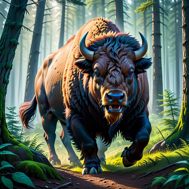 Picture of a threatening of a bison in the forest